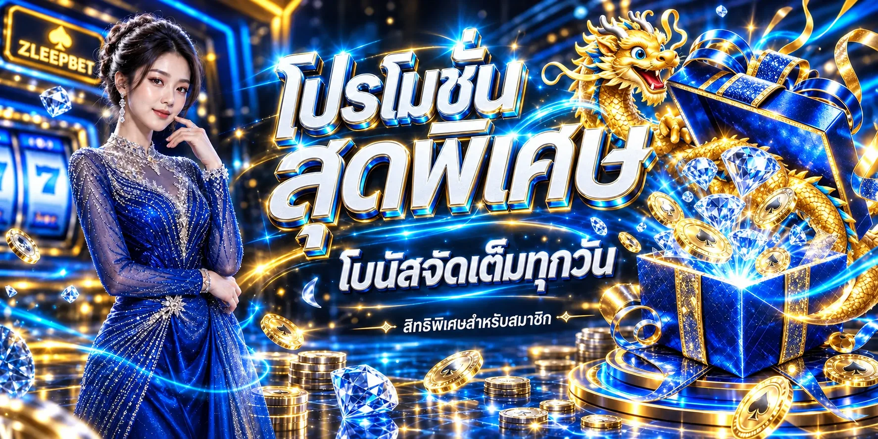 โปรโมชั่น ZLEEPBET โทนน้ำเงินทองพร้อมมังกรนำโชค